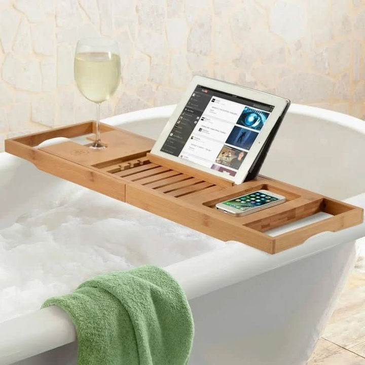 Sustainable bamboo bathtub caddy, extendable and water-resistant. Ideal for a luxurious, eco-friendly spa bath.