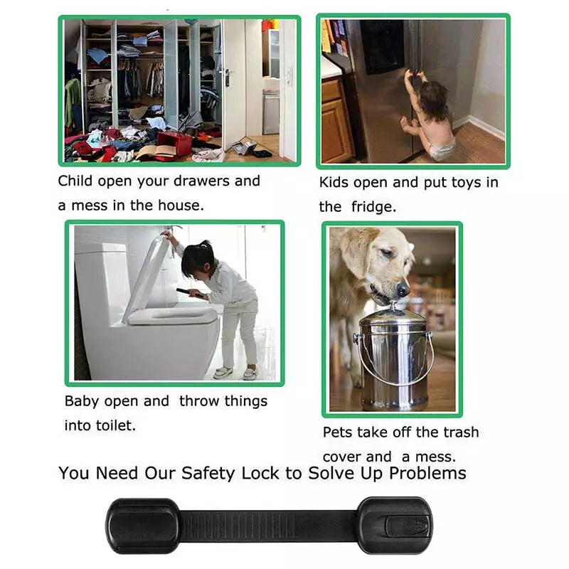 Nursery safety cabinet locks, flexible straps secure drawers and appliances