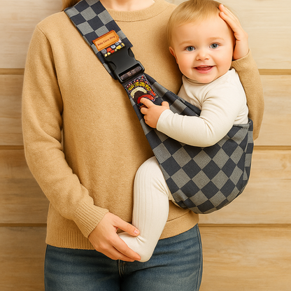 Adjustable ergonomic baby carrier sling with hip seat, grey, for hands-free parenting comfort.