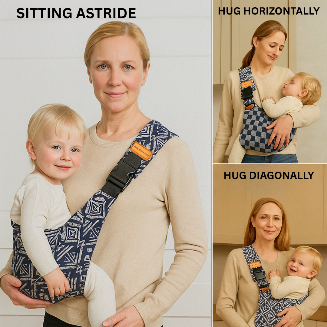 Dad wearing ergonomic baby carrier sling with toddler on hip, hands-free and secure.