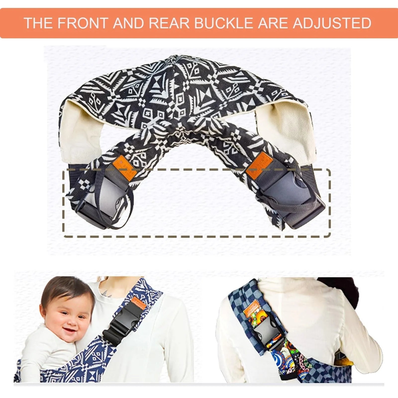 Close-up of adjustable buckles on ergonomic baby carrier sling for perfect fit.