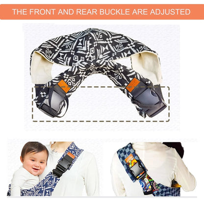 Close-up of adjustable buckles on ergonomic baby carrier sling for perfect fit.