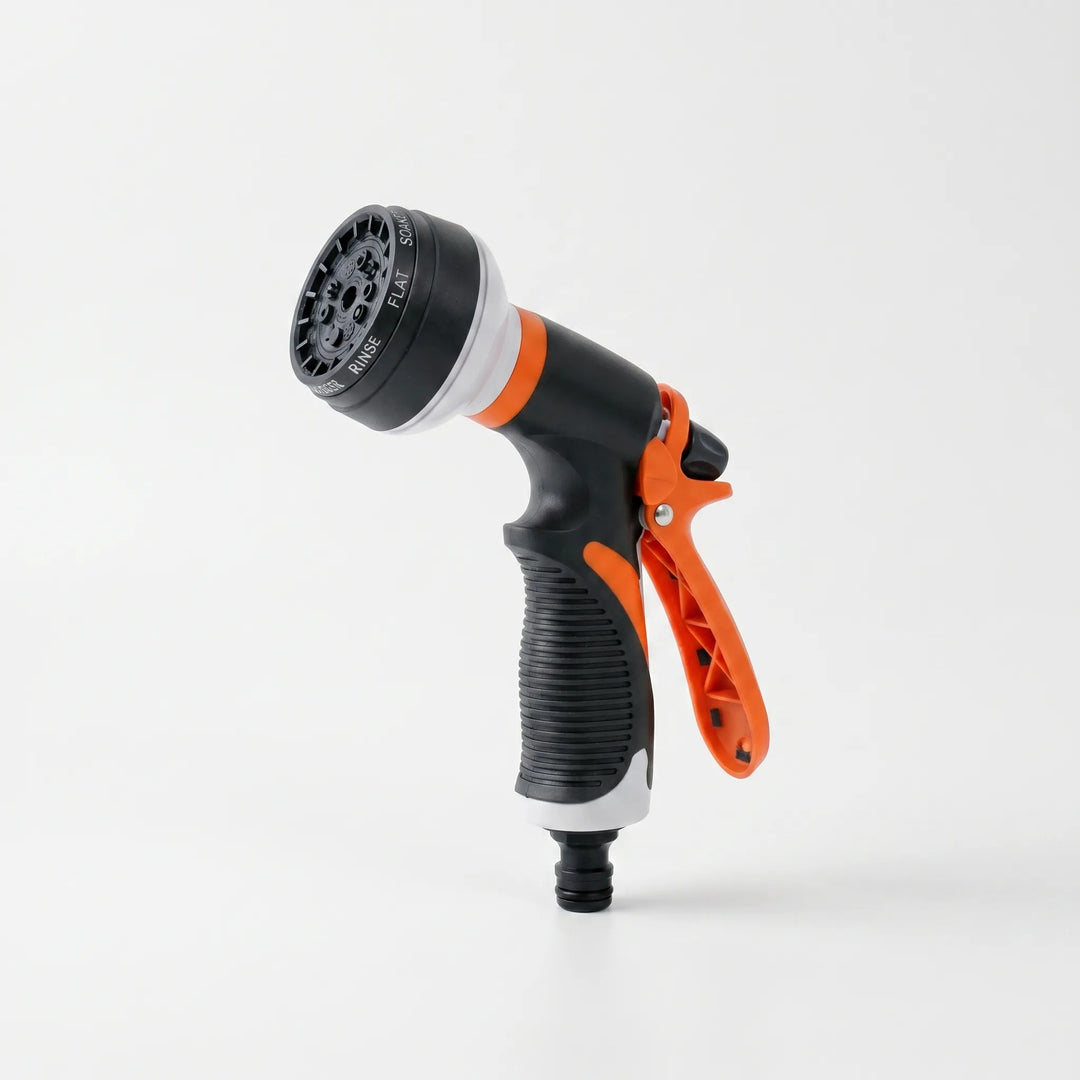 Multi-pattern garden hose nozzle for efficient watering, detailed car wash, and quick outdoor cleaning.