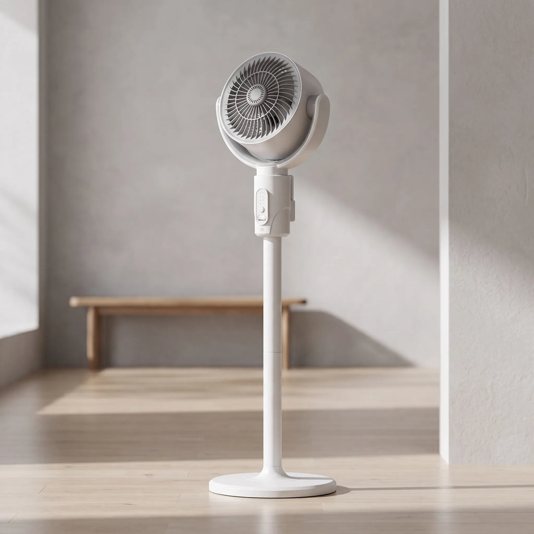 Adjustable height pedestal fan with remote, USB power, and oscillating function for cooling comfort.