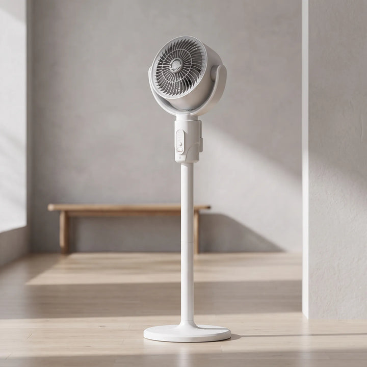 Adjustable height pedestal fan with remote, USB power, and oscillating function for cooling comfort.