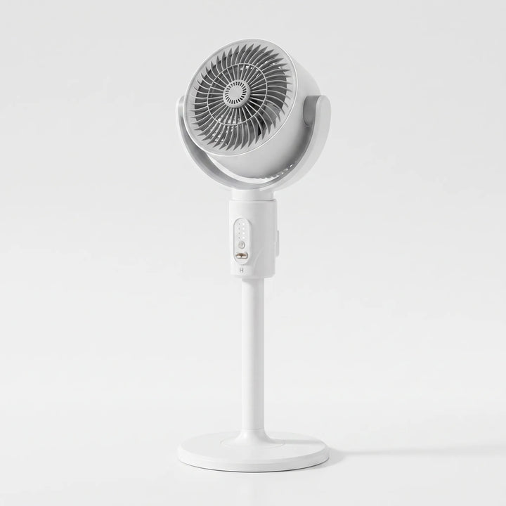 Portable USB pedestal fan, adjustable for desk or floor use, with remote for convenient cooling.