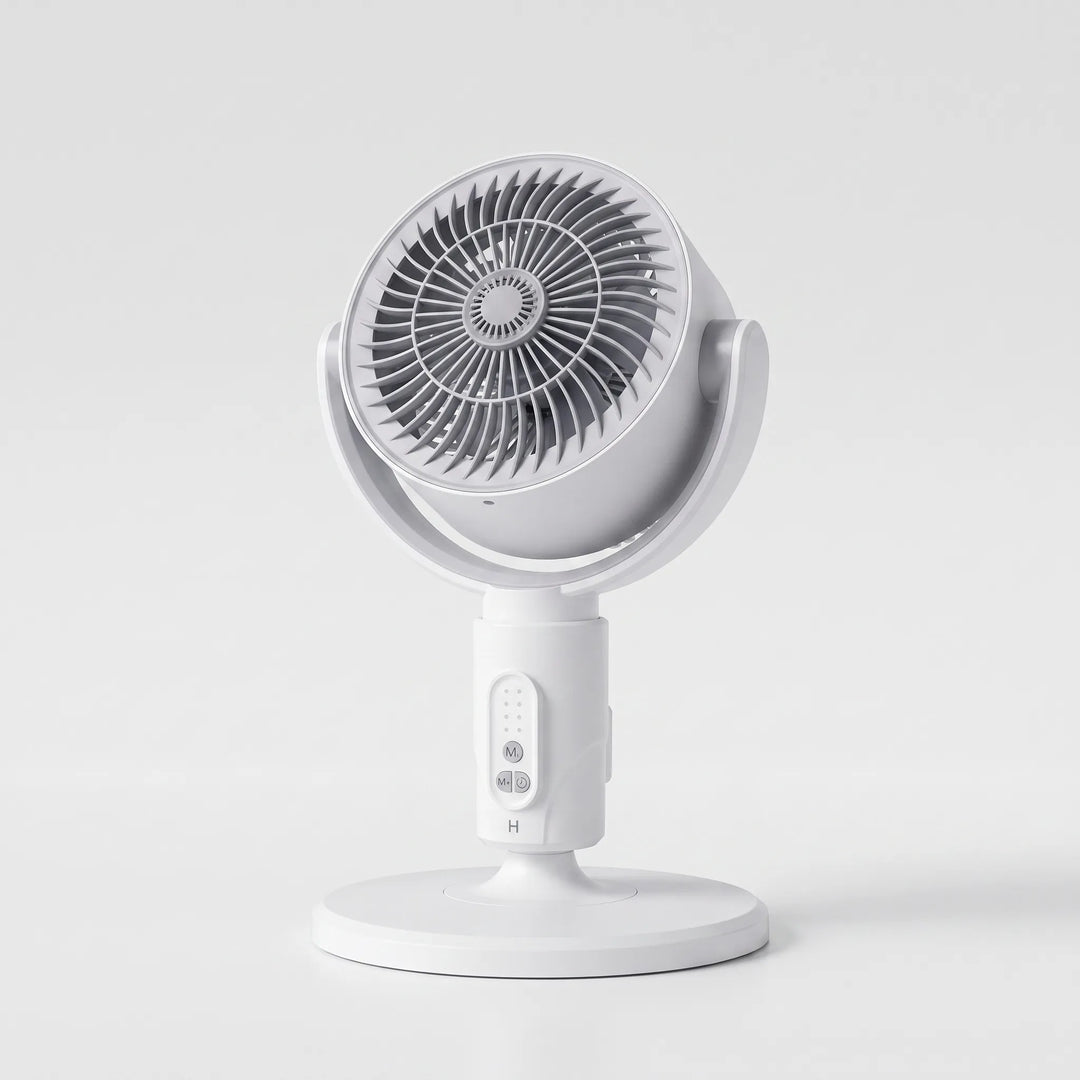 Remote-controlled USB rechargeable pedestal fan, adjustable height for optimal personal cooling and comfort.
