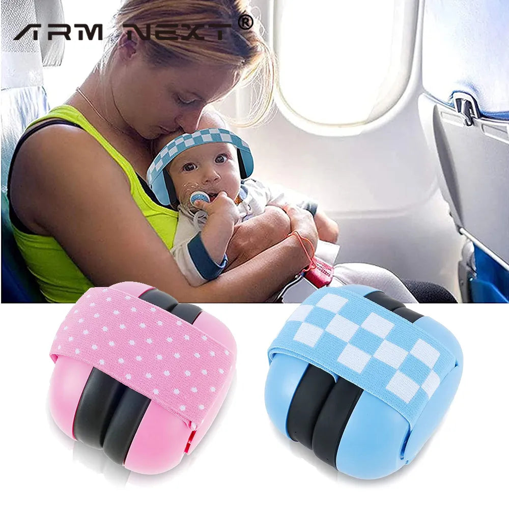 Adjustable infant noise cancelling earmuffs for baby hearing protection, blue color, portable design for toddlers.