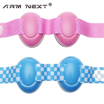 Infant wearing blue noise cancelling earmuffs, showcasing secure and safe hearing protection for babies and toddlers.