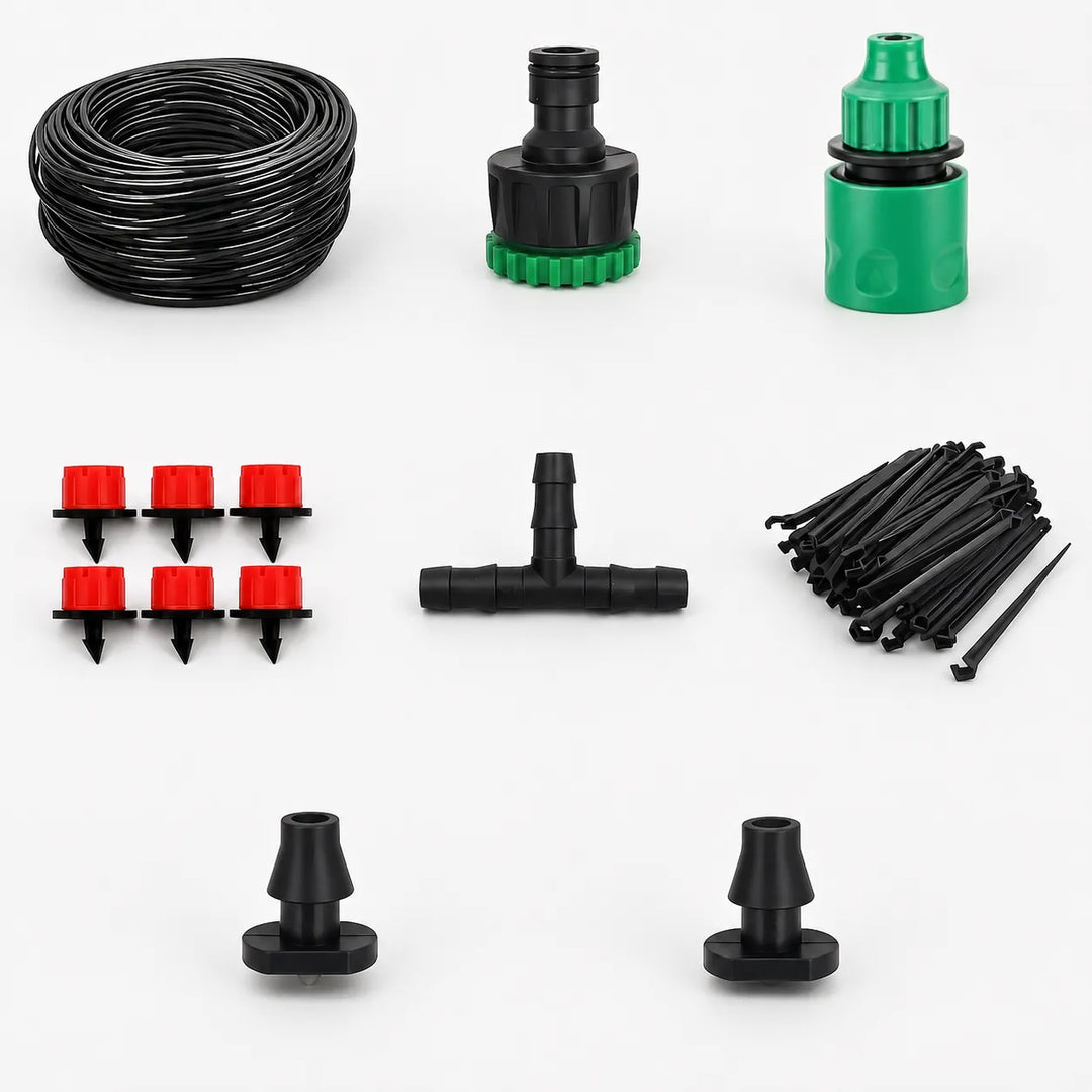 Multiple adjustable irrigation drippers for garden drip systems, essential watering tools for plant care.