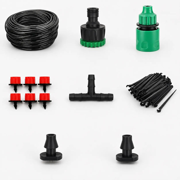 Multiple adjustable irrigation drippers for garden drip systems, essential watering tools for plant care.
