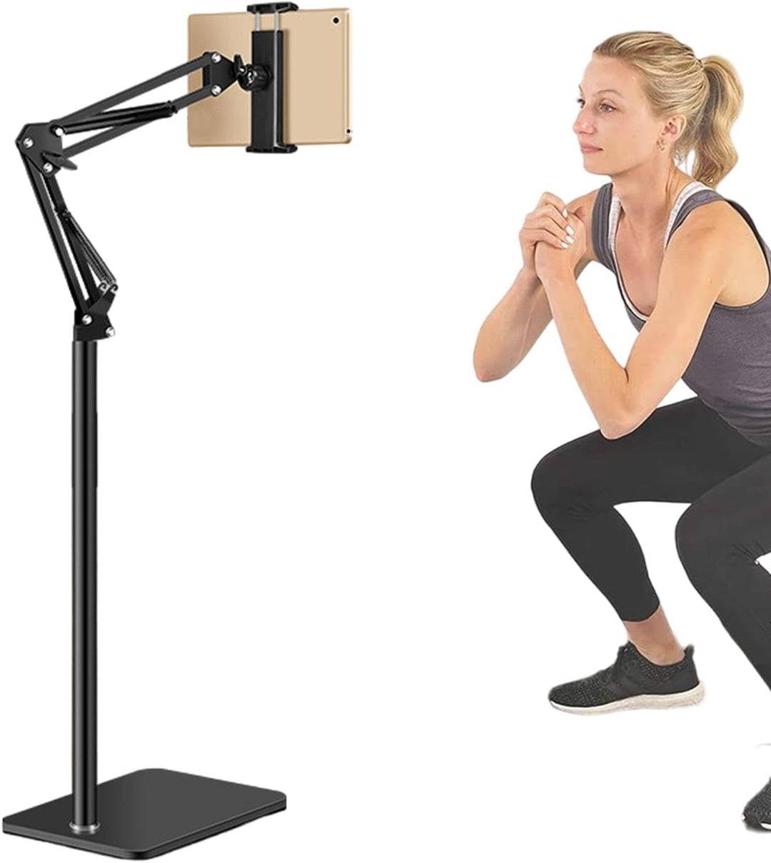Adjustable Movira floor stand for hands-free viewing of phones & tablets. Ergonomic device holder for home office.