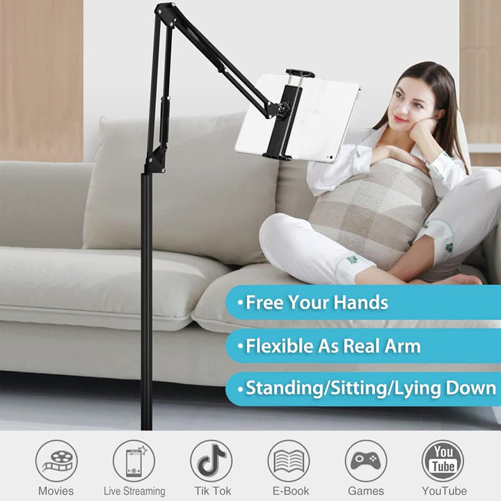 Hands-free adjustable phone and tablet floor stand. Perfect for comfortable viewing in home office or bedroom.