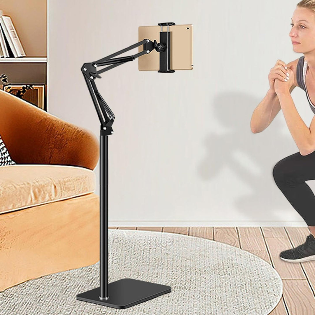 Ergonomic Movira floor stand for phones & tablets with 360° rotation. Ideal adjustable device holder for any room.