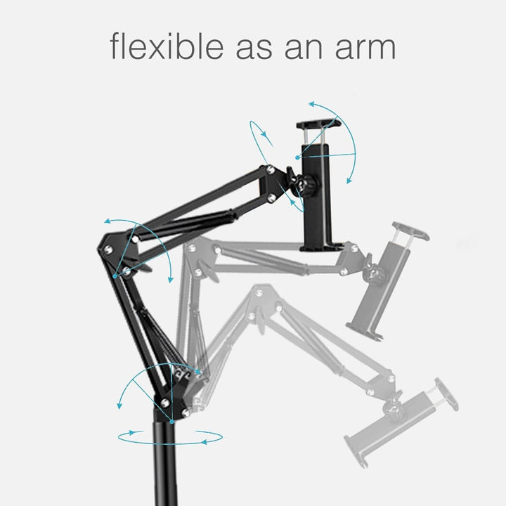 Black adjustable floor stand for phones and tablets, offering secure 360° rotation and hands-free viewing experience.