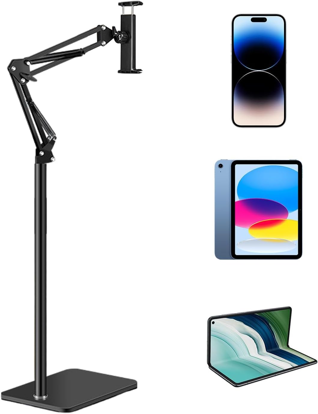 Modern adjustable floor stand, securely holding phones & tablets. Enjoy hands-free viewing for work, recipes, or entertainment.