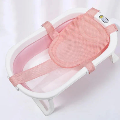 Adjustable newborn baby bath support net with anti-slip mesh, perfect for infant safety and comfort.