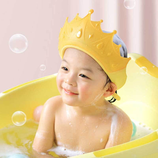 Adjustable silicone baby shower cap for gentle bath time, protecting eyes and ears.