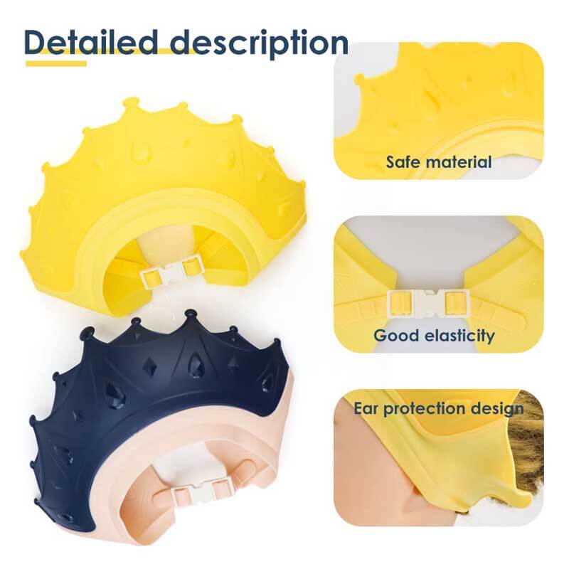 Soft silicone adjustable baby shower cap, ideal for tear-free toddler bathing experience.