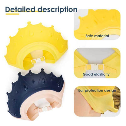 Soft silicone adjustable baby shower cap, ideal for tear-free toddler bathing experience.