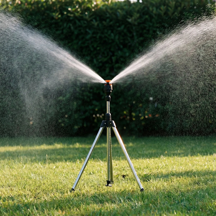 Adjustable telescopic tripod lawn sprinkler for efficient garden watering & irrigation. Ideal for large yards.
