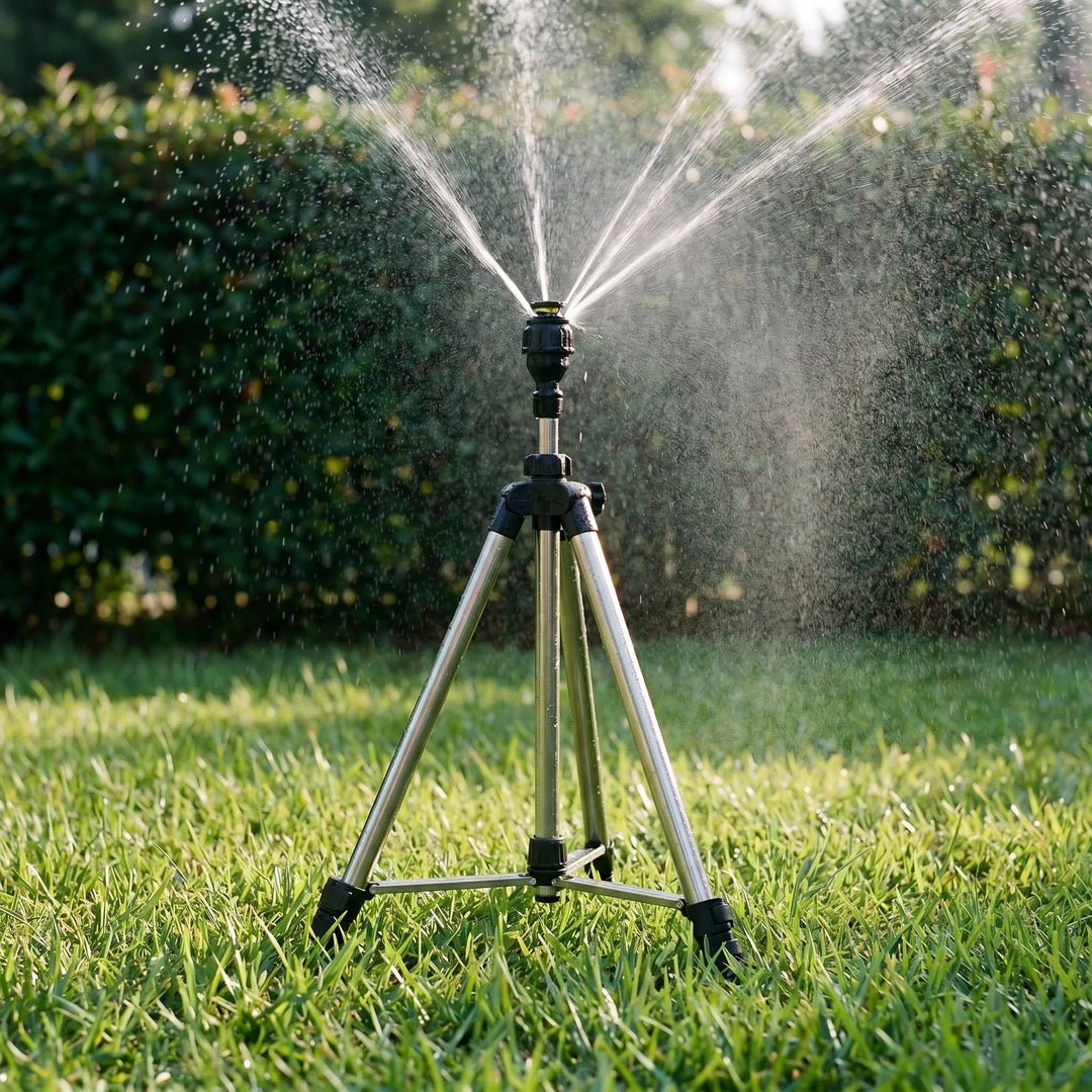 Adjustable tripod lawn sprinkler system efficiently waters large garden areas with a customizable spray pattern.