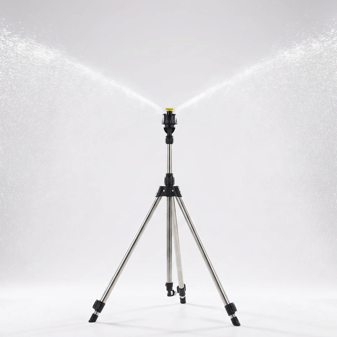 Portable adjustable tripod sprinkler with stable base, providing wide-area coverage for lawns and gardens.