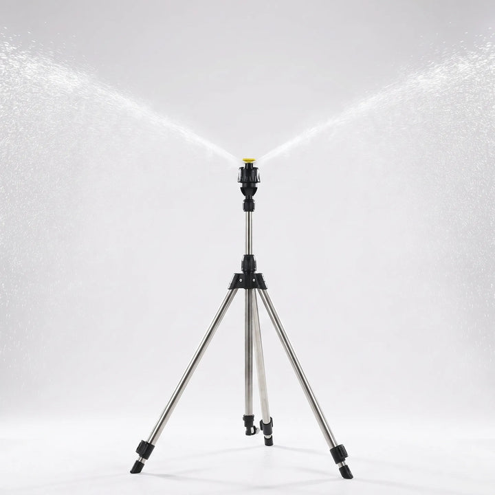 Portable adjustable tripod sprinkler with stable base, providing wide-area coverage for lawns and gardens.