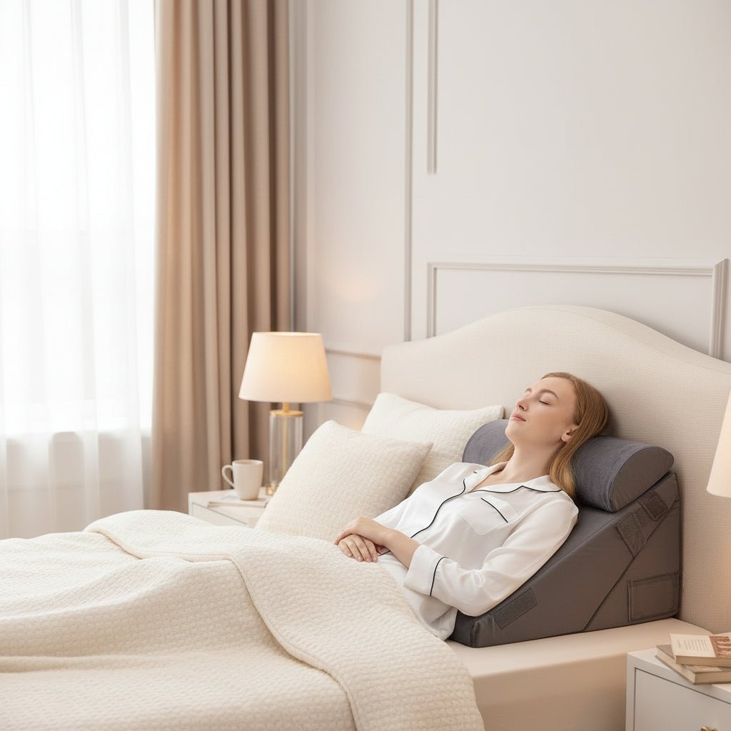 Comfortable adjustable wedge pillow providing back and leg elevation for stress and pain relief.