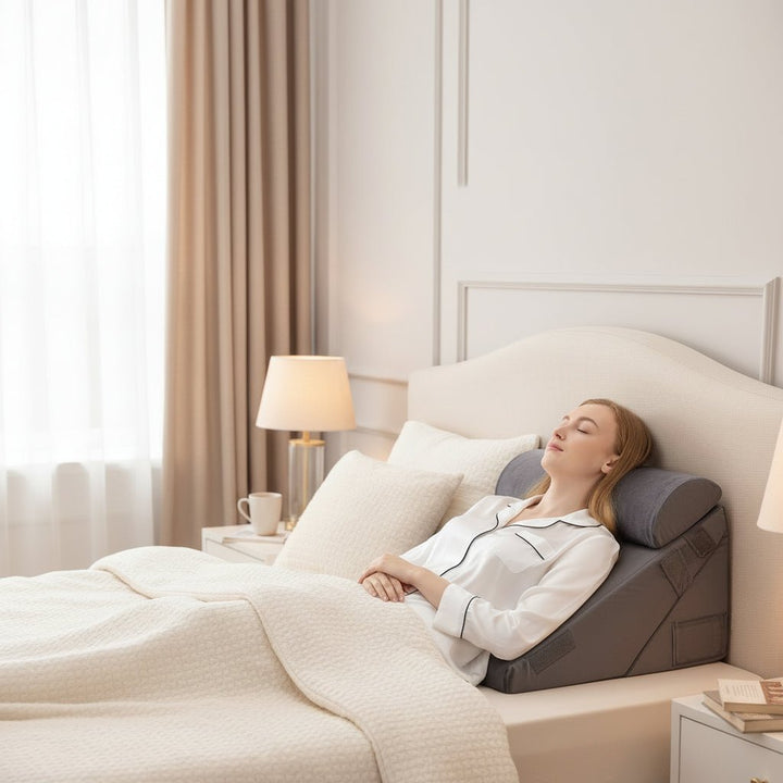 Comfortable adjustable wedge pillow providing back and leg elevation for stress and pain relief.