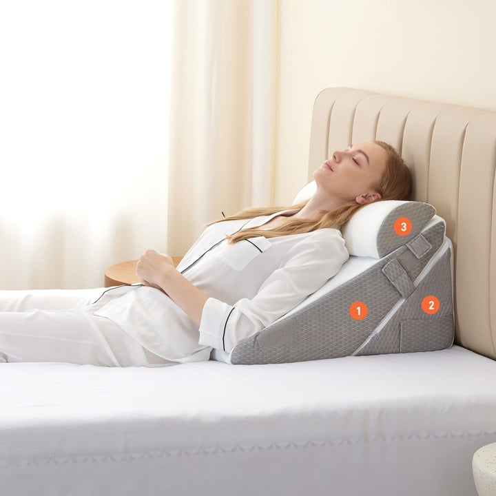 Portable adjustable wedge pillow. Excellent for back support, leg elevation, relaxation, and comfort.