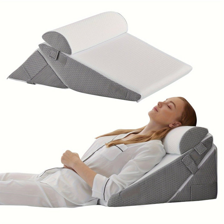 Ergonomic adjustable wedge pillow for optimal back and leg posture, reducing stress & improving comfort.
