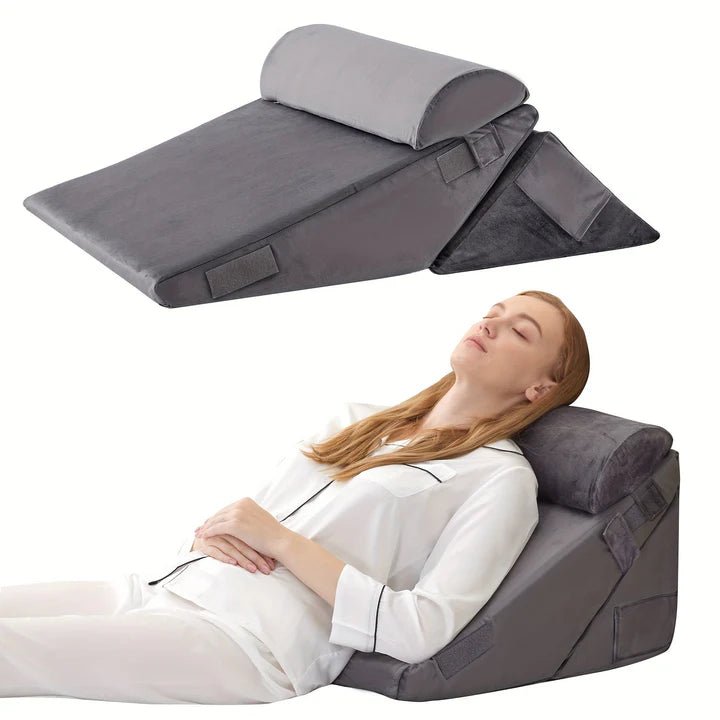 Adjustable wedge pillow for superior back and leg support. A comfortable solution for stress relief.