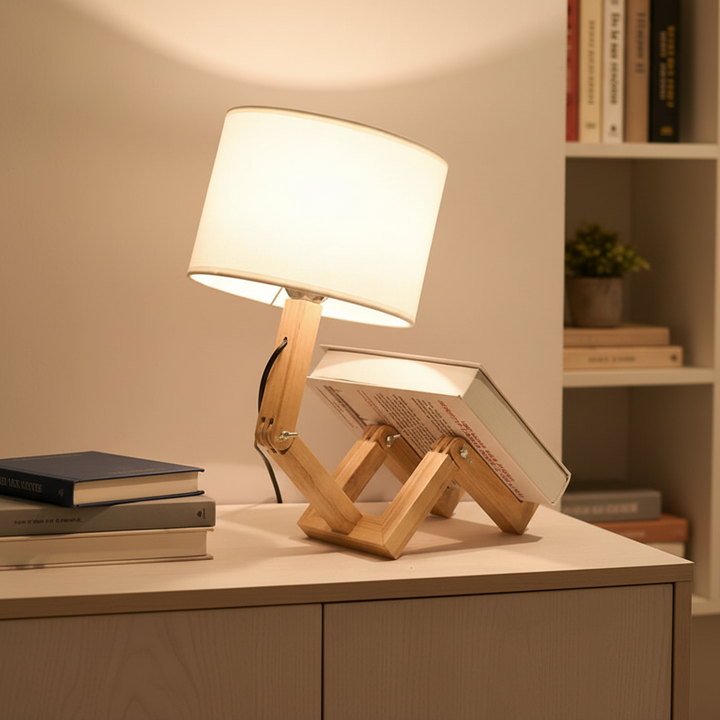 Adjustable wooden robot table lamp with flexible body, perfect for desk or nightstand.