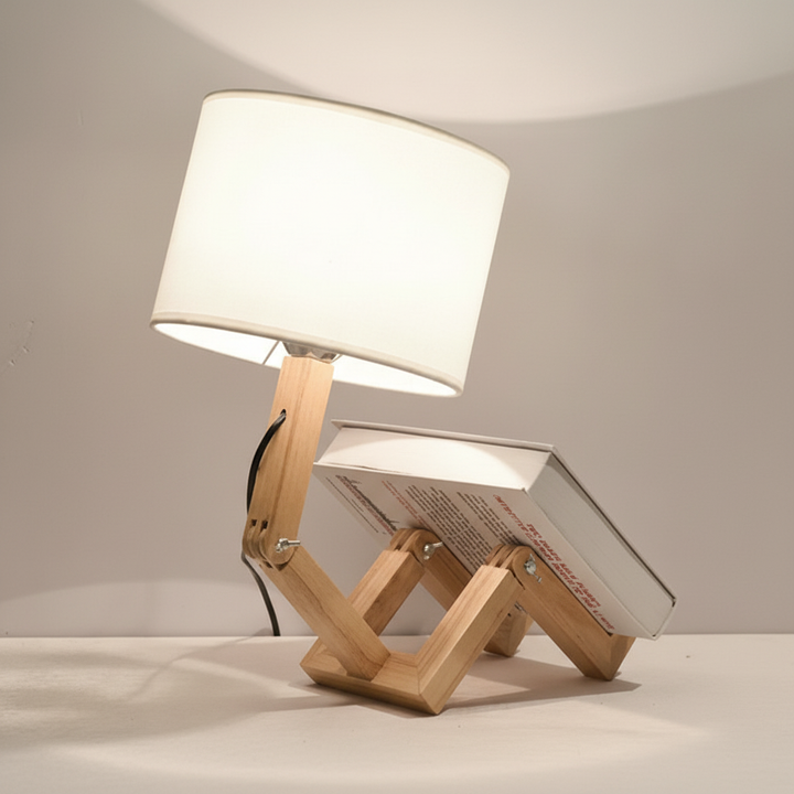 Unique wooden robot desk lamp featuring an integrated storage shelf for small items.