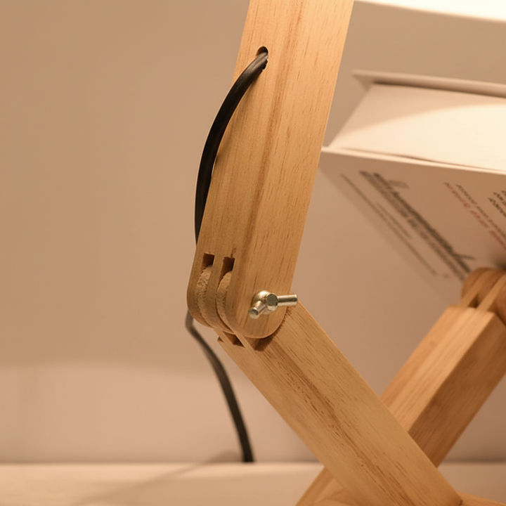 Modern adjustable wooden table lamp in a playful robot design, ideal for home decor.