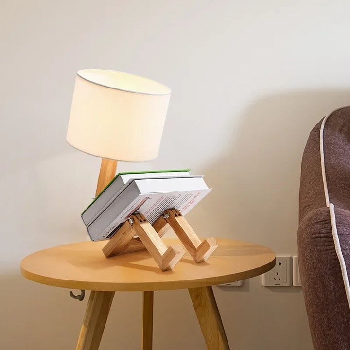 Decorative wooden robot nightstand lamp, adjustable for reading and featuring a shelf.