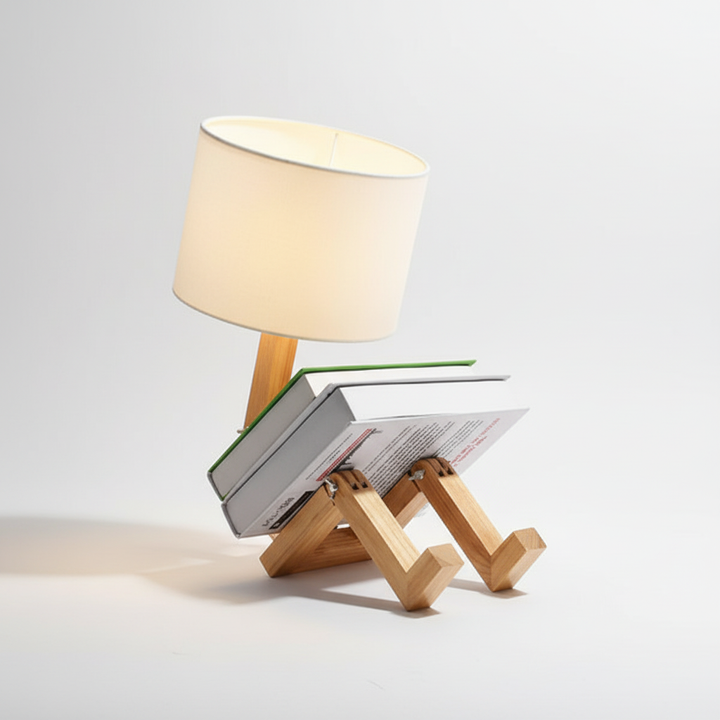 Artistic wooden robot table lamp, providing flexible lighting and a unique home decor piece.