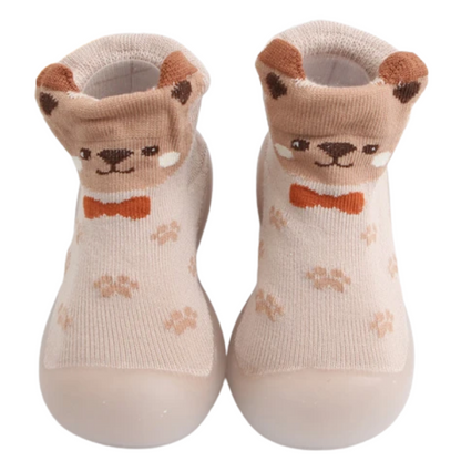 Anti-slip baby footwear, animal knit walker shoes for cozy steps.