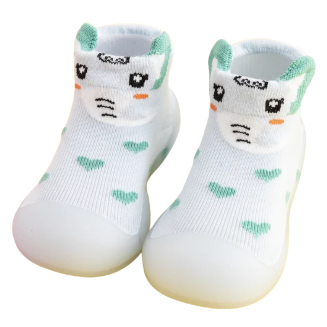 Cute animal pattern knit baby walker shoes with anti-slip grip.
