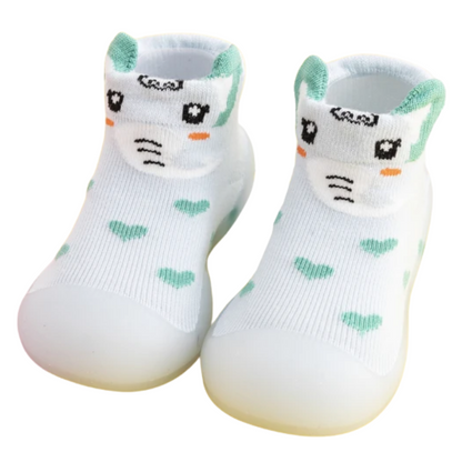 Cute animal pattern knit baby walker shoes with anti-slip grip.