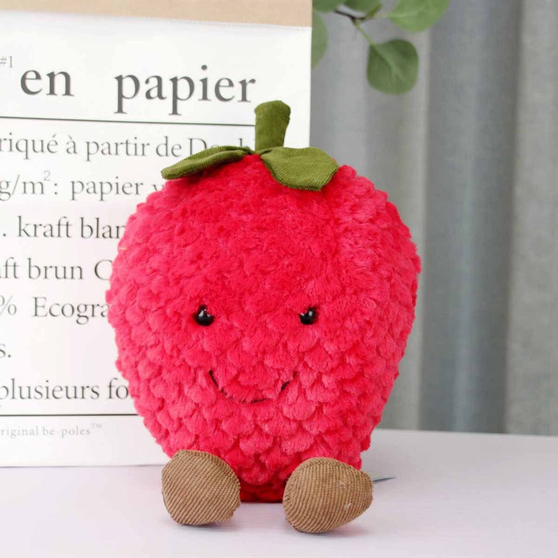 Sweet strawberry plushie, vibrant fruit stuffed animal, fun kids' toy figure