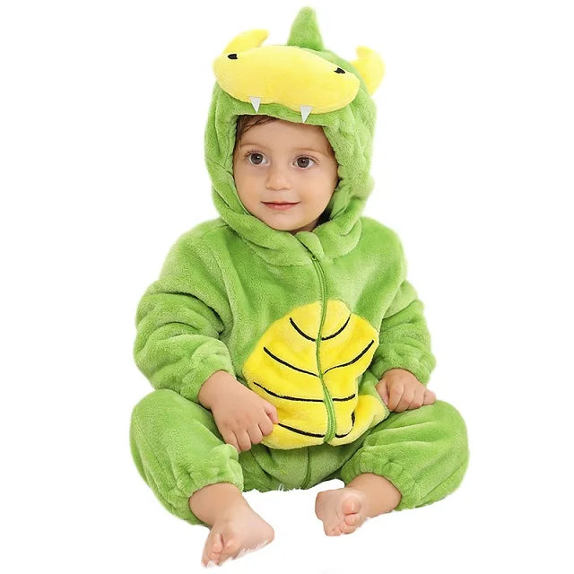 Infant hooded romper jumpsuit in a charming animal design, unisex style