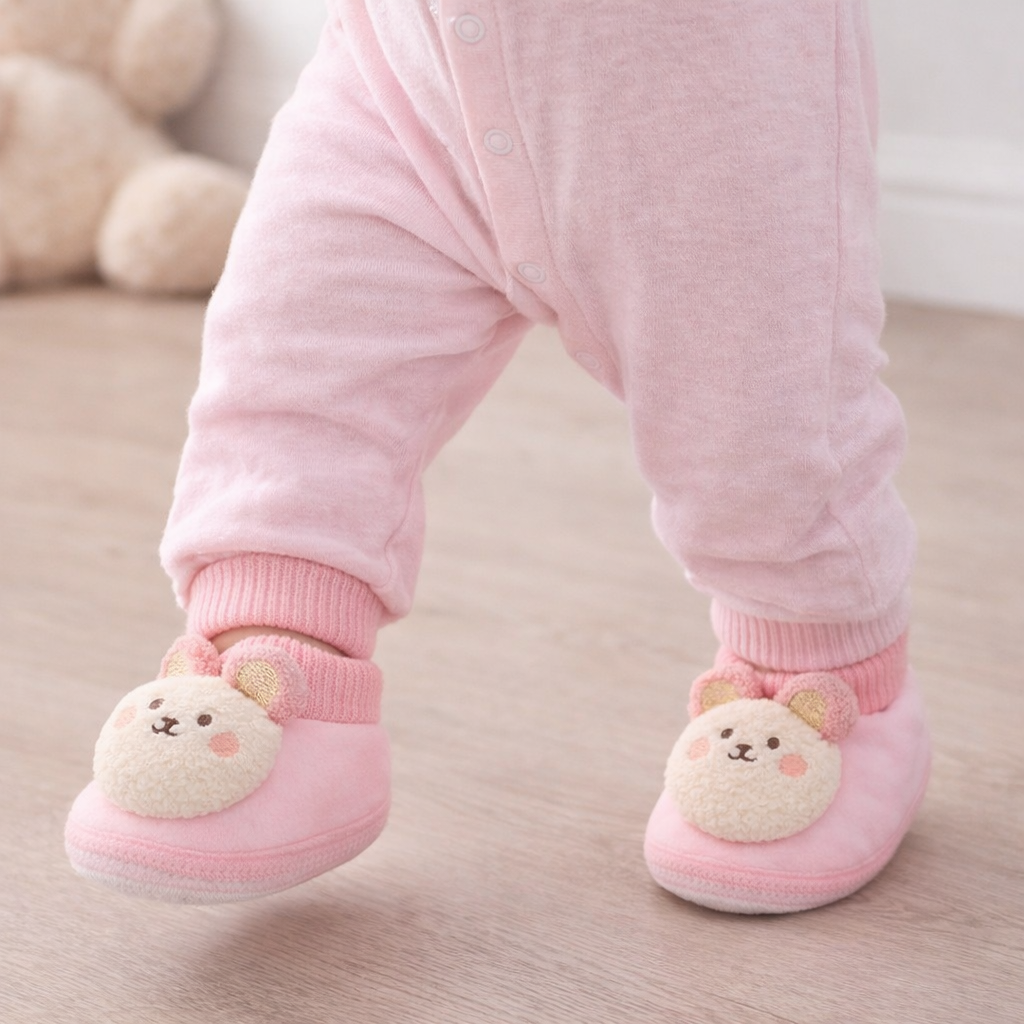 Unisex baby slippers featuring a charming animal design, ideal for cozy winter steps.