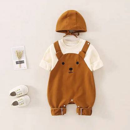 Adorable baby bear hooded jumpsuit in soft cotton for infants & toddlers, perfect for winter warmth