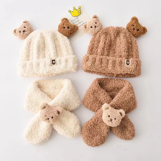 Adorable baby bear style winter hat and scarf set for warm cozy wear in chilly weather