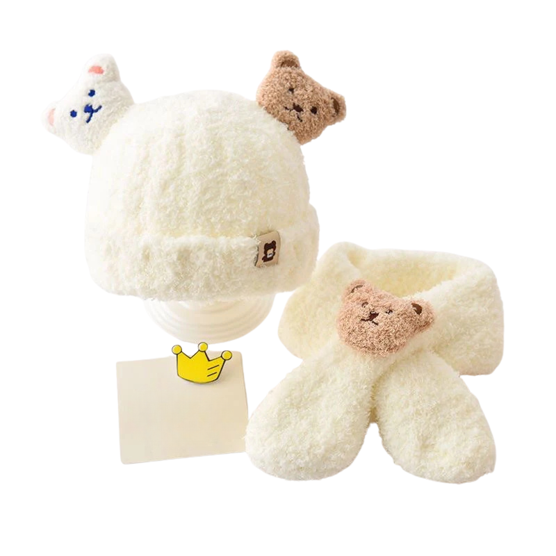 Close-up of soft knit bear style winter hat, part of a set for warm kids