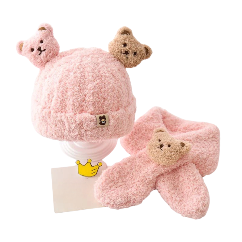 Detailed image of cozy toddler scarf with bear ears, ideal for chilly weather