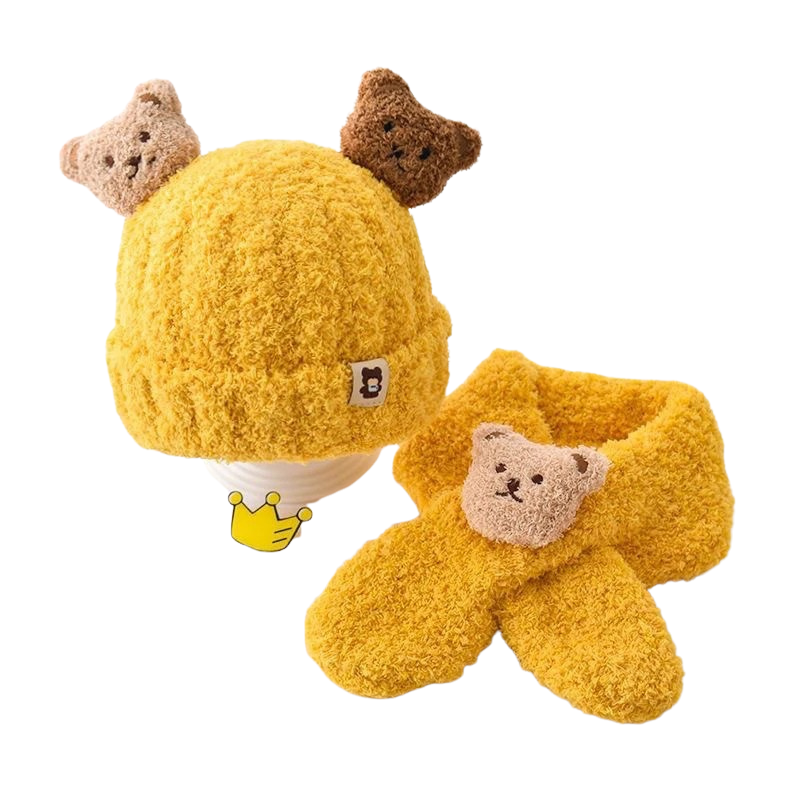 Baby hat and scarf set, bear style, made for unisex baby cold weather protection