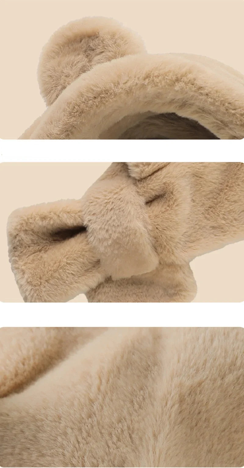 Detail shot of the secure fastening on the baby bear winter hat scarf, fits infants snugly.